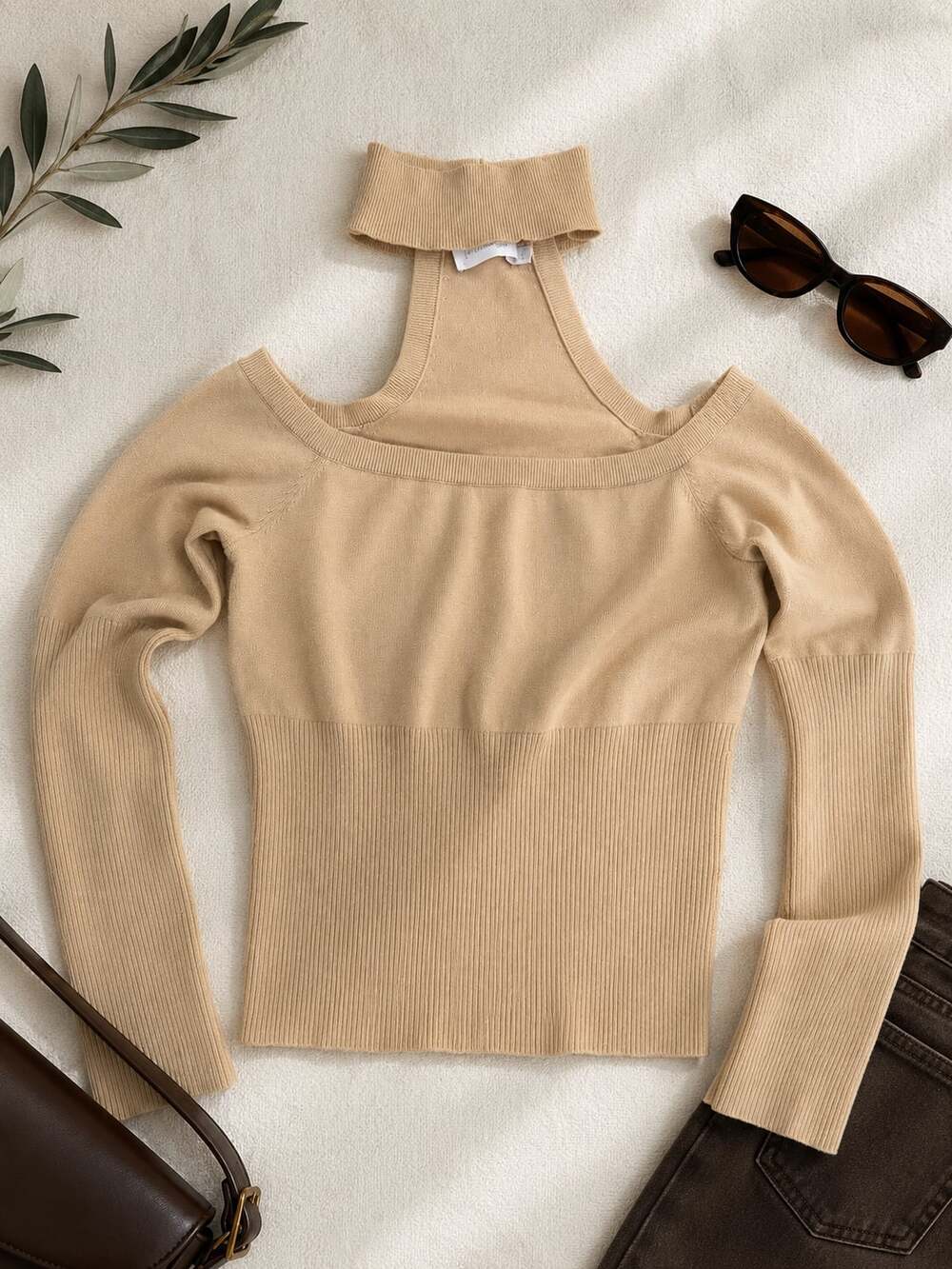 Jonathan Simkhai Cold Shoulder Choker Knit Top Beige Ribbed Size M Designer - Picture 2 of 8